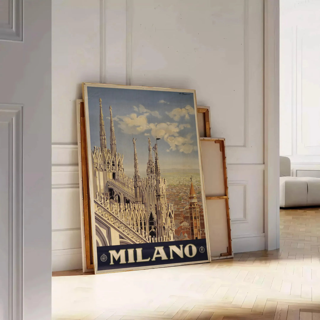 Stylized illustration of Milan's skyline with bold black and green colors - leaning on a herringbone floor against a white panelled wall