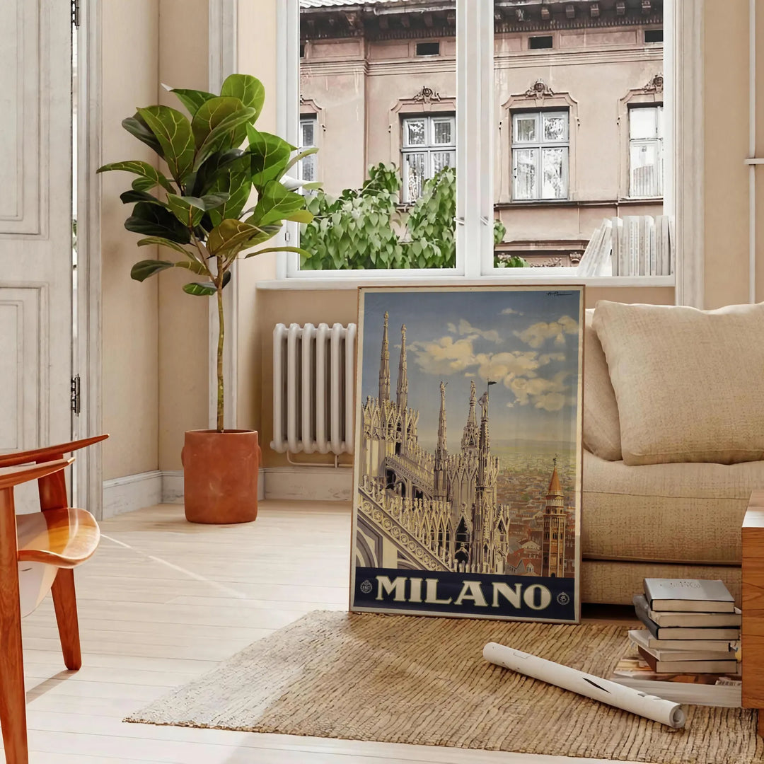 Stylized illustration of Milan's skyline with bold black and green colors - in a Parisian living room with a sofa and a fig plant