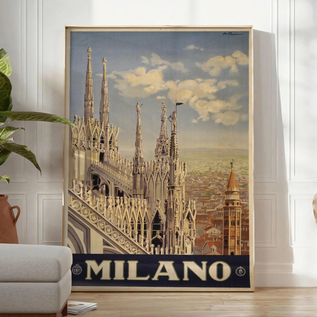 Stylized illustration of Milan's skyline with bold black and green colors - in a bright minimalist room with a plant and an armchair