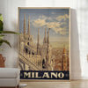 Stylized illustration of Milan's skyline with bold black and green colors - in a bright minimalist room with a plant and an armchair