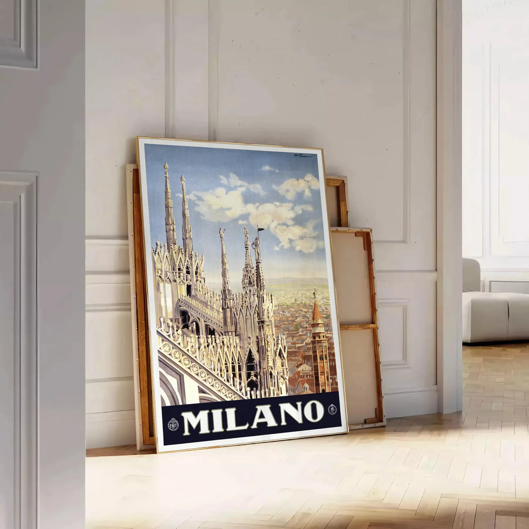 Stylized illustration of Milan's skyline in black and green - leaning on a herringbone floor against a white panelled wall