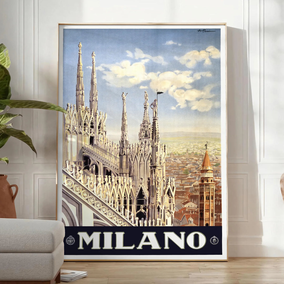 Stylized illustration of Milan's skyline in black and green - in a bright minimalist room with a plant and an armchair