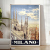 Stylized illustration of Milan's skyline in black and green - in a bright minimalist room with a plant and an armchair