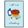 A colorful illustration of milk and strawberries with green and orange tones - in a black frame