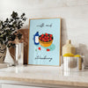 A colorful illustration of milk and strawberries with green and orange tones - styled on a counter with eucalyptus and a bowl of lemons