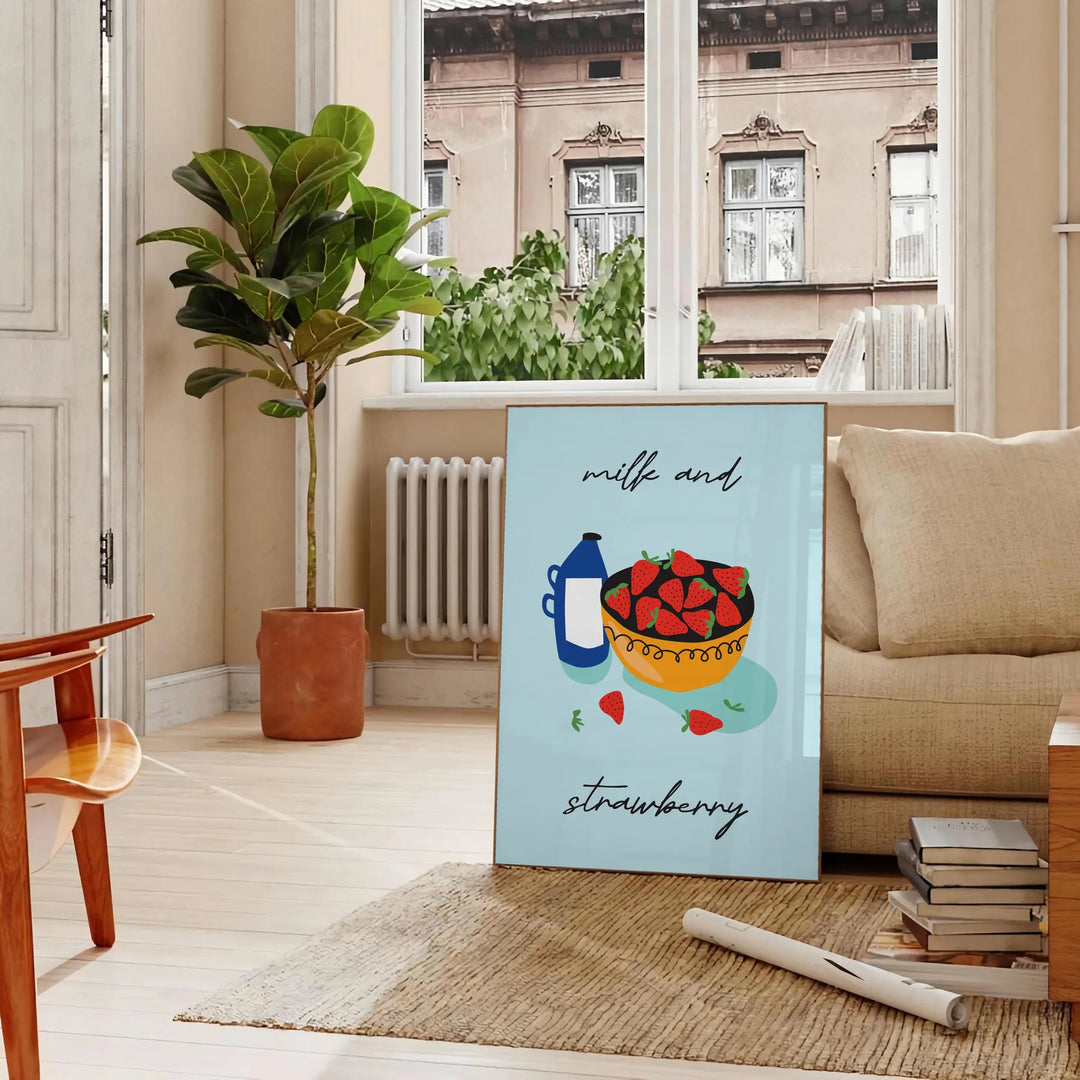 A colorful illustration of milk and strawberries with green and orange tones - in a Parisian living room with a sofa and a fig plant