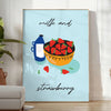 A colorful illustration of milk and strawberries with green and orange tones - in a bright minimalist room with a plant and an armchair