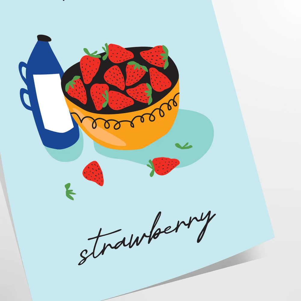 A colorful illustration of milk and strawberries with green and orange tones
