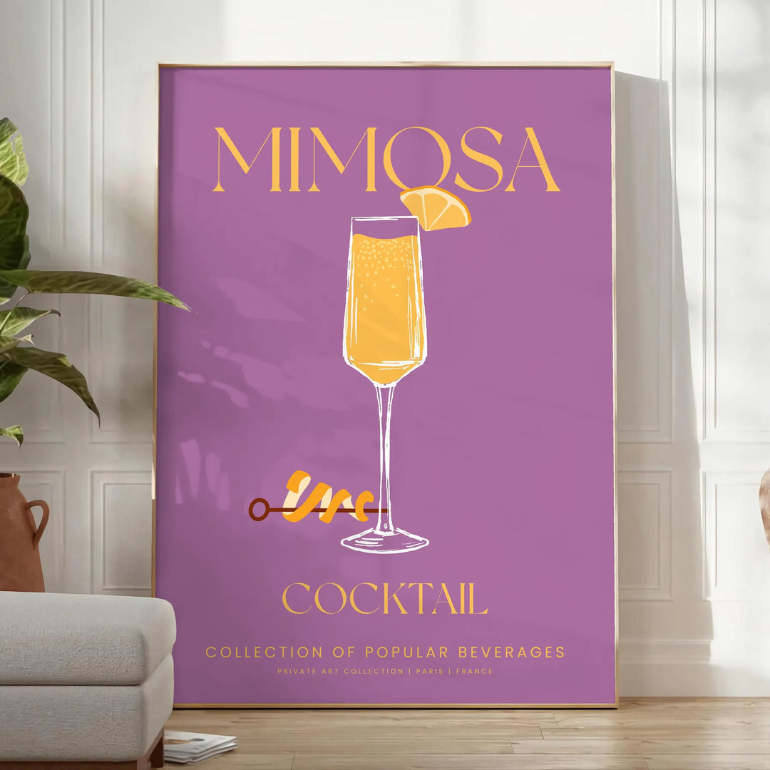 Kolorowa ilustracja koktajlu Mimosa z pomarańczowymi i żółtymi odcieniami - w jasnym minimalistycznym pokoju z rośliną i fotelem
