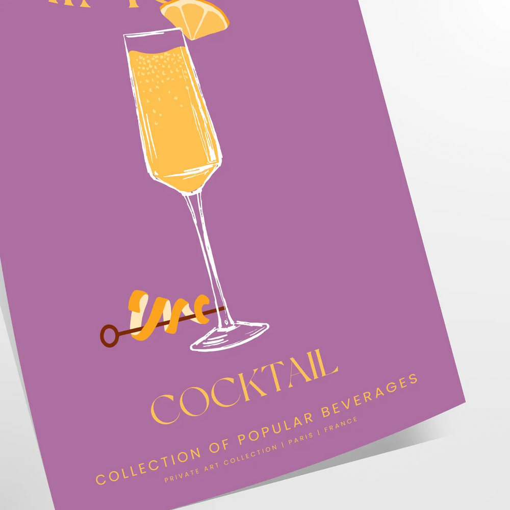 A colorful illustration of a Mimosa cocktail with orange and yellow hues