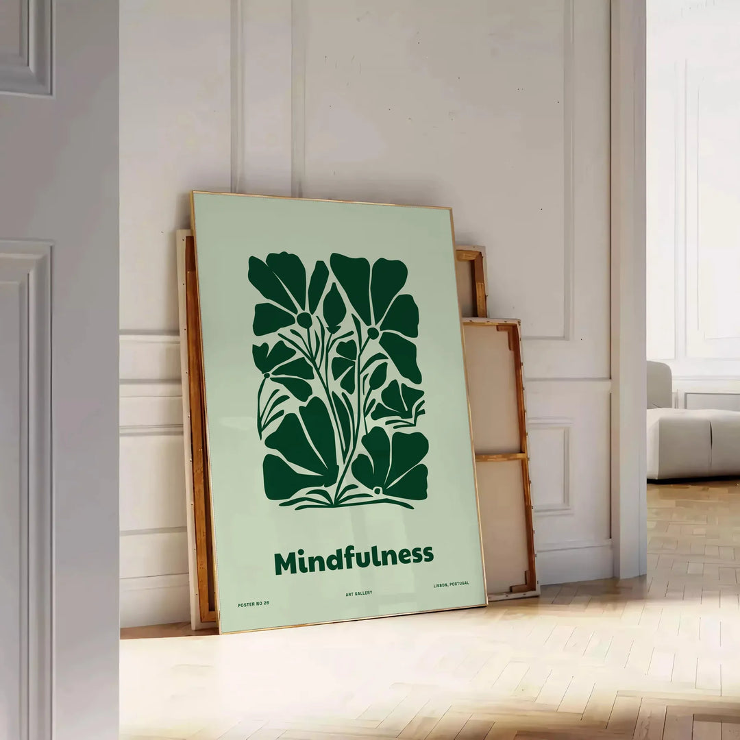 A serene yoga silhouette in green and gray tones against a textured background - leaning on a herringbone floor against a white panelled wall