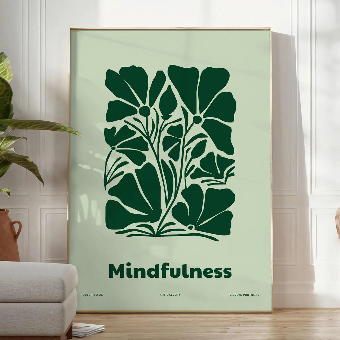 A serene yoga silhouette in green and gray tones against a textured background - in a bright minimalist room with a plant and an armchair