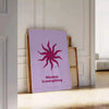 A serene yoga scene with calming blue and purple tones - leaning on a herringbone floor against a white panelled wall