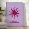 A serene yoga scene with calming blue and purple tones - in a bright minimalist room with a plant and an armchair