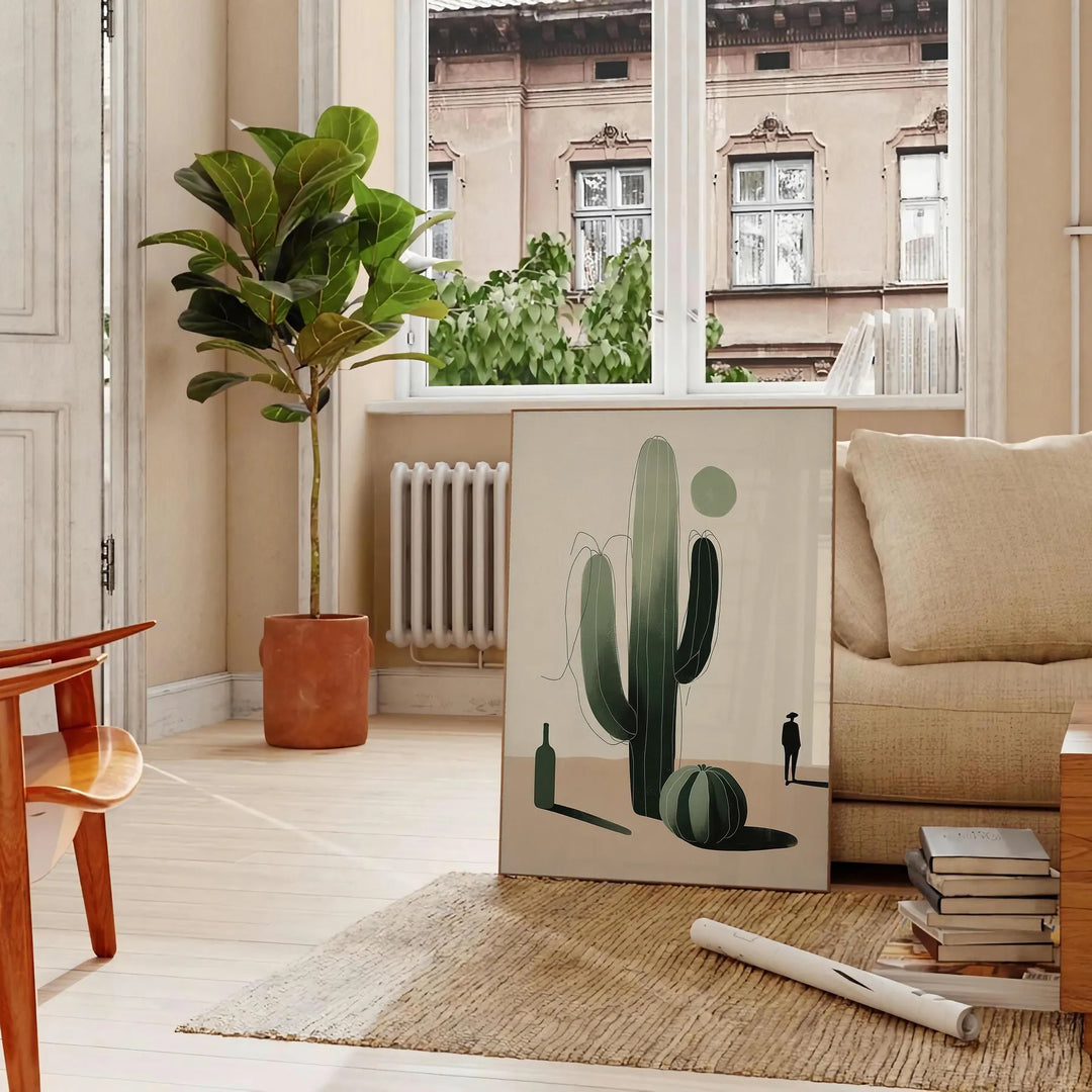 Minimalist cactus illustration in black and gray tones - in a Parisian living room with a sofa and a fig plant