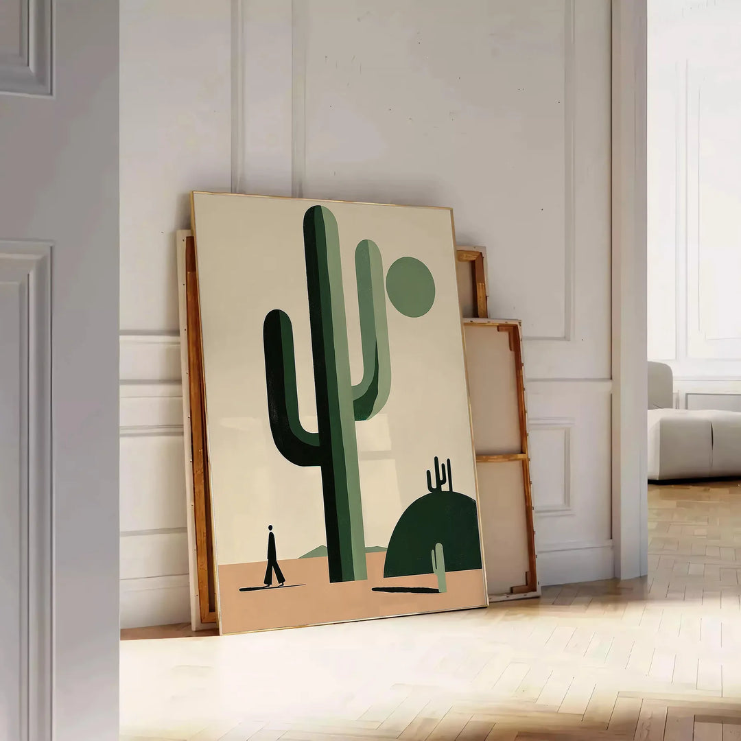 A minimalist cactus illustration in black and gray tones - leaning on a herringbone floor against a white panelled wall