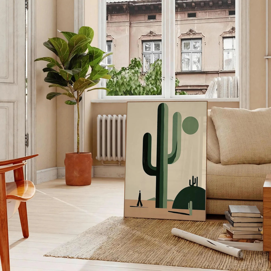 A minimalist cactus illustration in black and gray tones - in a Parisian living room with a sofa and a fig plant