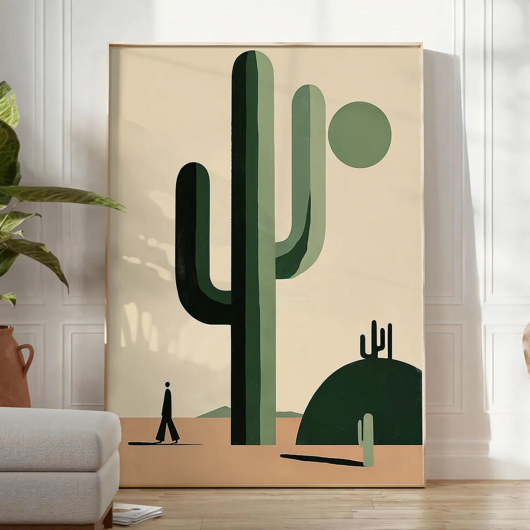 A minimalist cactus illustration in black and gray tones - in a bright minimalist room with a plant and an armchair