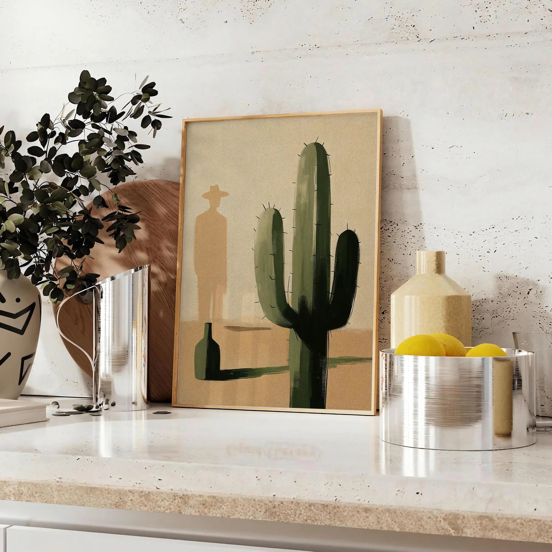 Illustration minimaliste d'un cactus en tons verts et noirs - sur un plan de travail avec eucalyptus et coupe de citrons