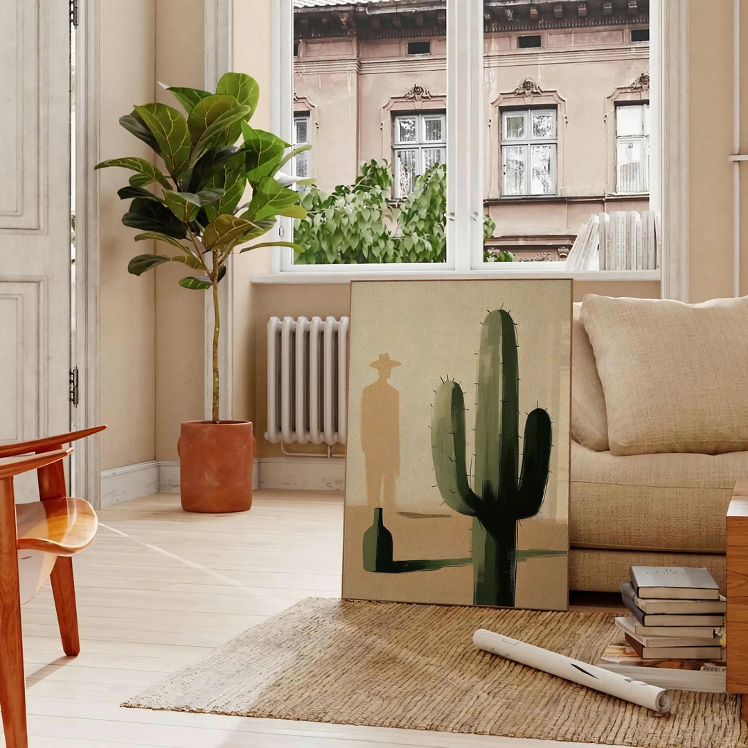 Illustration minimaliste d'un cactus en tons verts et noirs - dans un salon parisien avec canapé et ficus