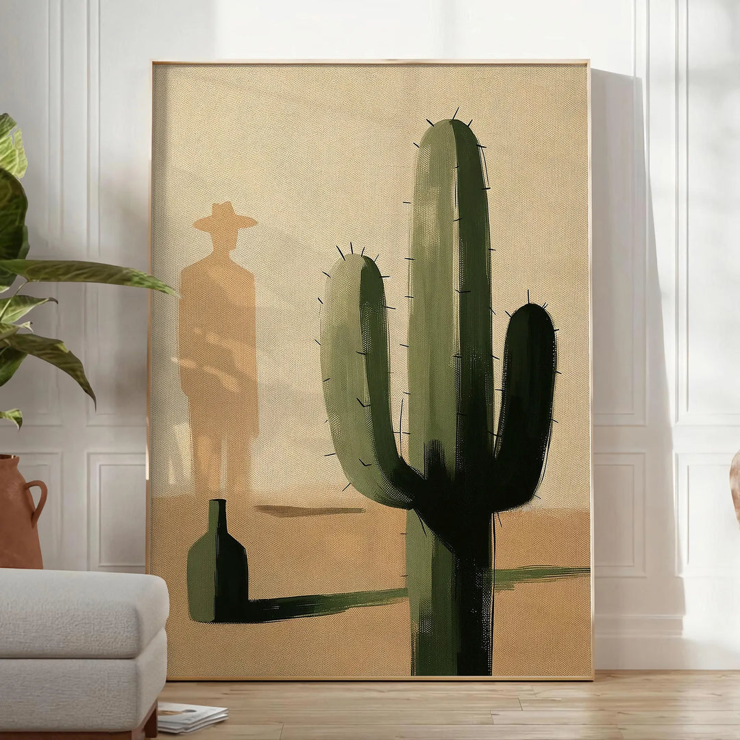Illustration minimaliste d'un cactus en tons verts et noirs - dans une pièce lumineuse épurée avec plante et fauteuil