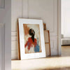 Minimalist portrait featuring bold red and green colors - leaning on a herringbone floor against a white panelled wall