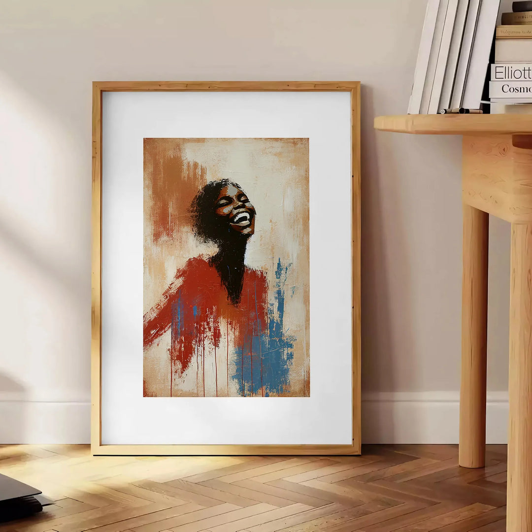Minimalist portrait featuring bold red and green colors - beside a round wooden side table with books