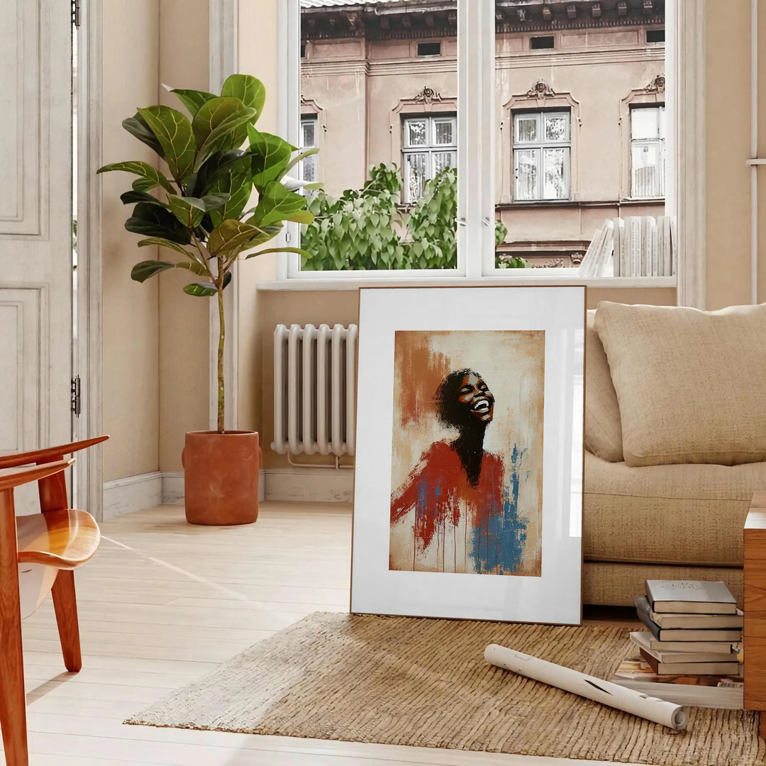 Minimalist portrait featuring bold red and green colors - in a Parisian living room with a sofa and a fig plant