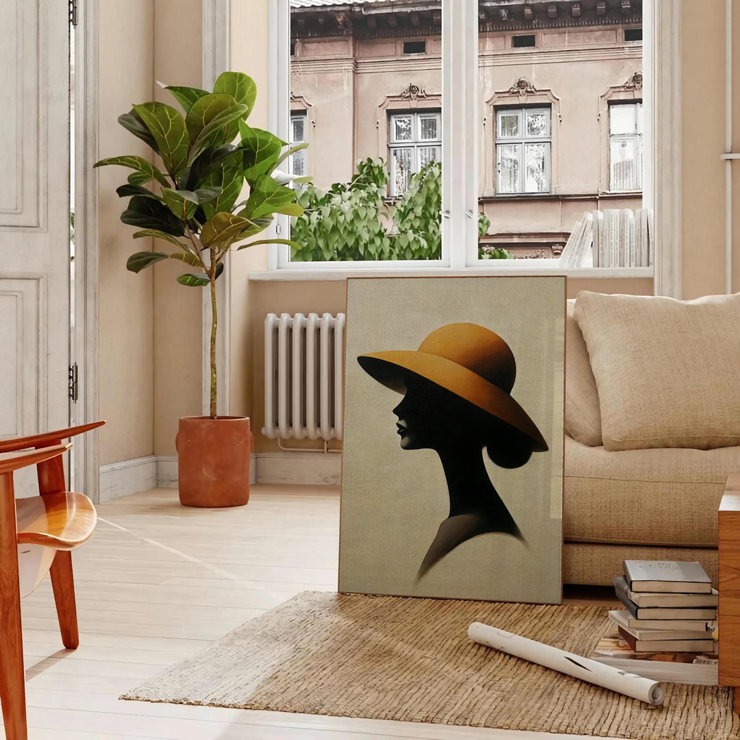 Silhouette di una donna in verde e nero, design minimalista - in un soggiorno parigino con divano e un ficus