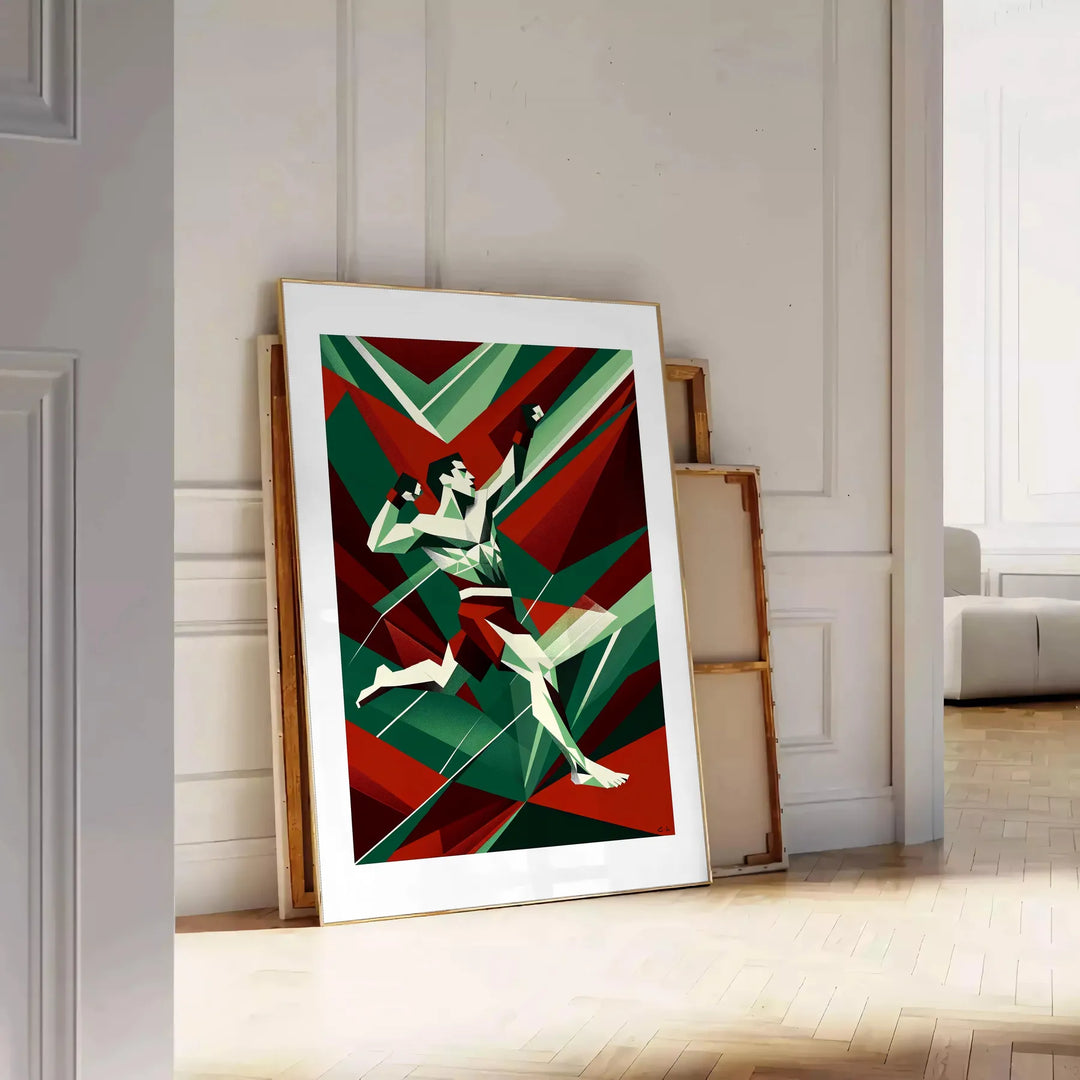 Dynamic MMA fighters in action, featuring black and green tones - leaning on a herringbone floor against a white panelled wall