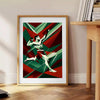 Dynamic MMA fighters in action, featuring black and green tones - beside a round wooden side table with books