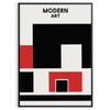 Composição abstrata com formas dinâmicas em preto e vermelho - numa moldura preta