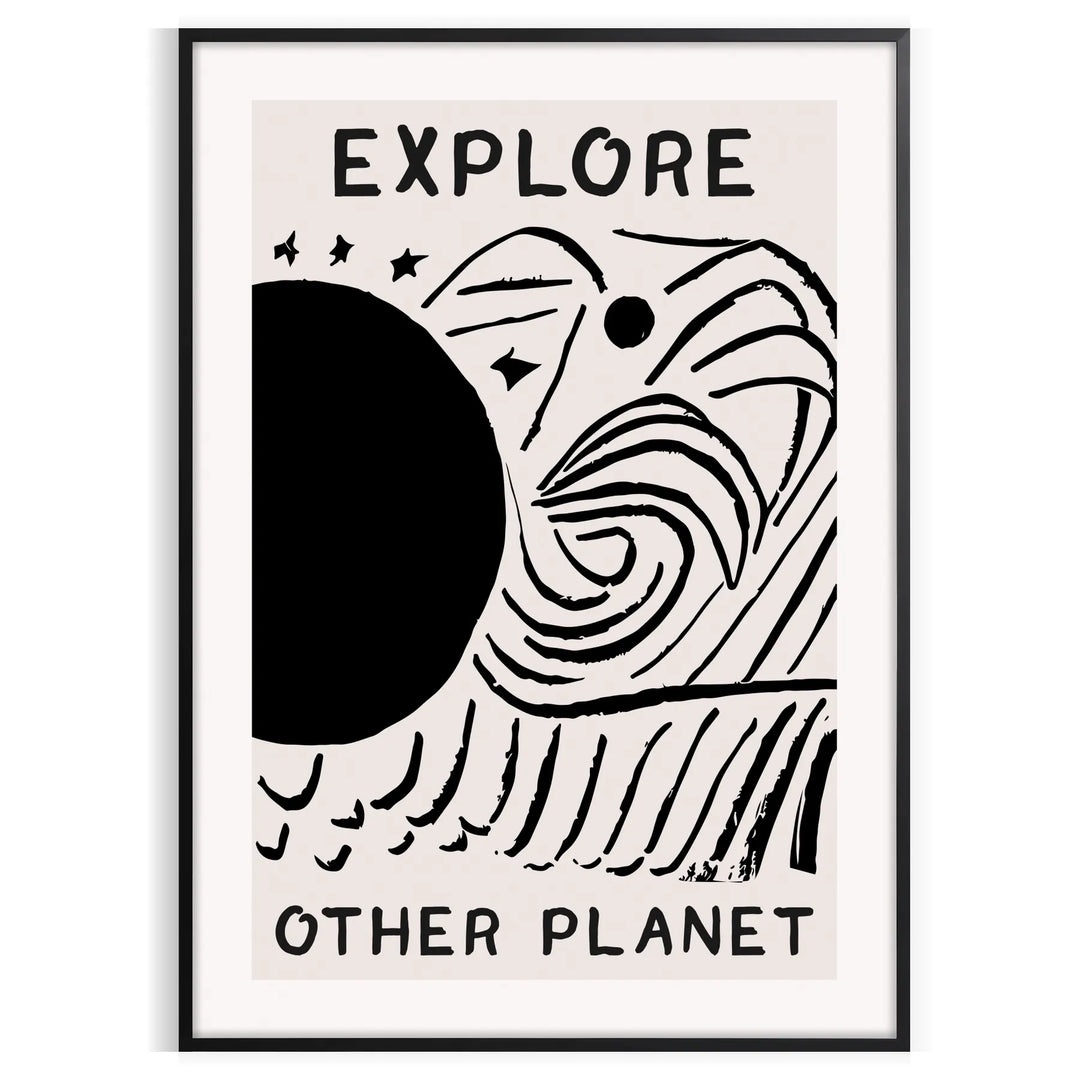 abstract black and white design depicting an imaginative cosmic landscape