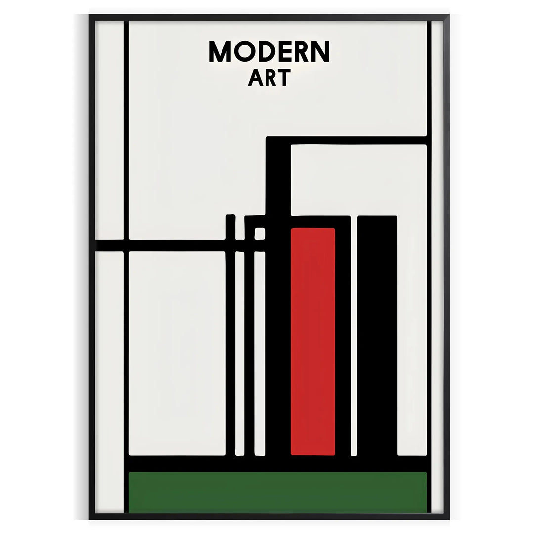 Abstract composition with bold black and red shapes on a white background