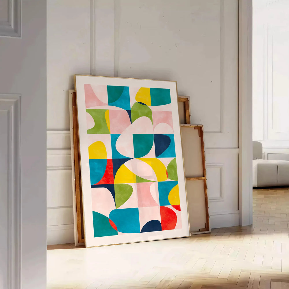 abstract composition with blue and orange shapes in a modern style