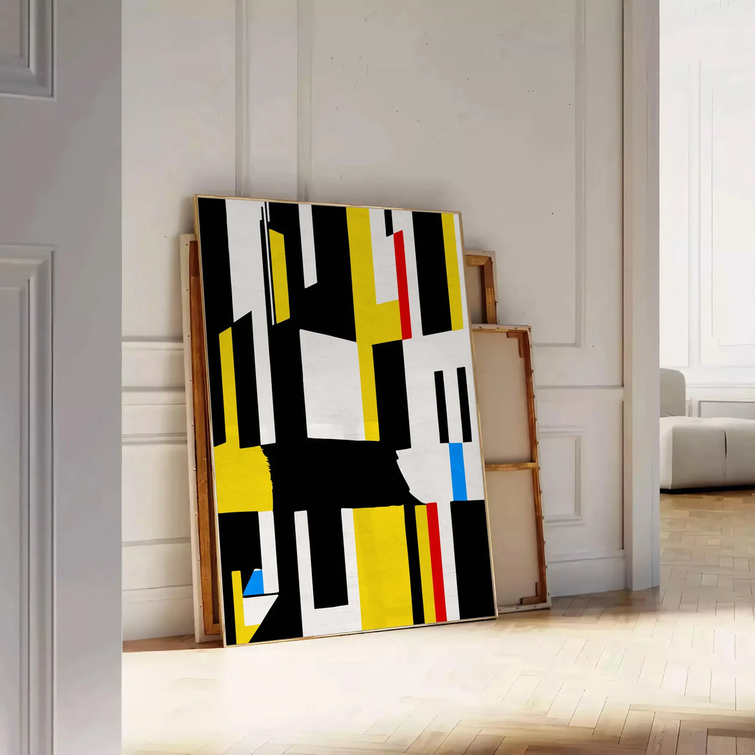 Abstract composition with orange and black shapes in a modern style - leaning on a herringbone floor against a white panelled wall