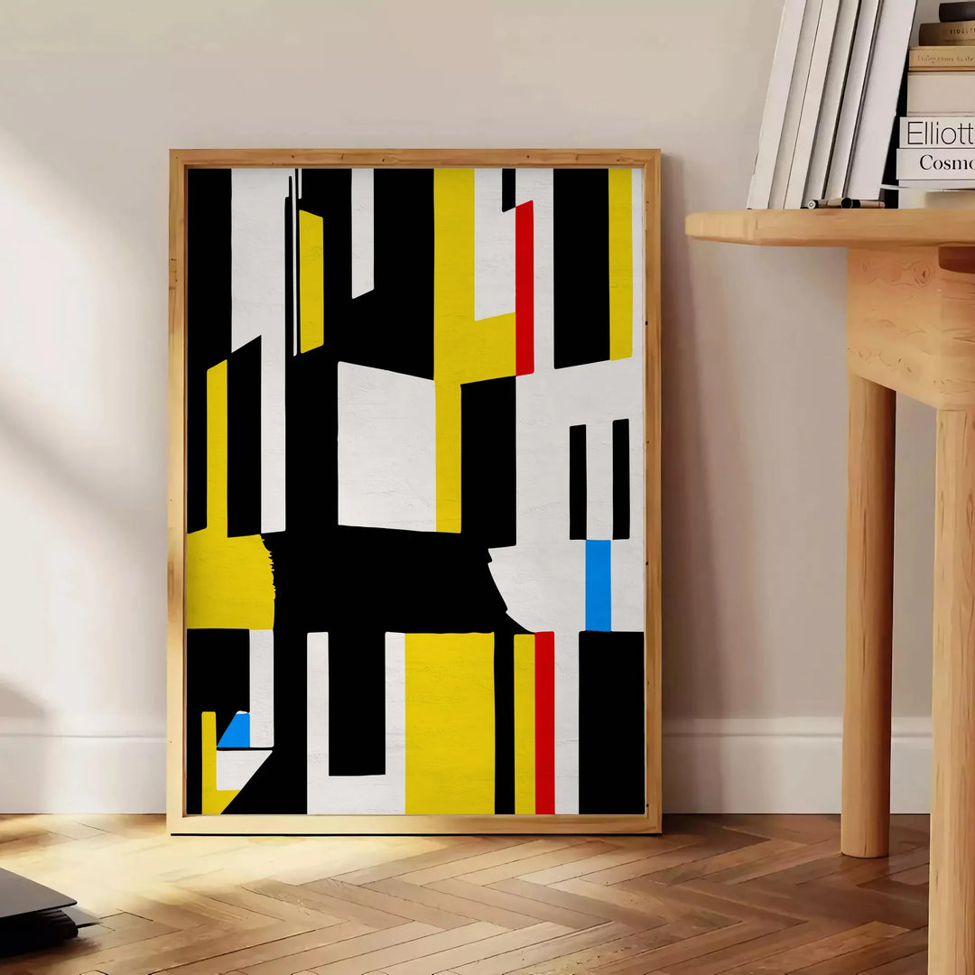 Abstract composition with orange and black shapes in a modern style - beside a round wooden side table with books