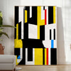 Abstract composition with orange and black shapes in a modern style - in a bright minimalist room with a plant and an armchair