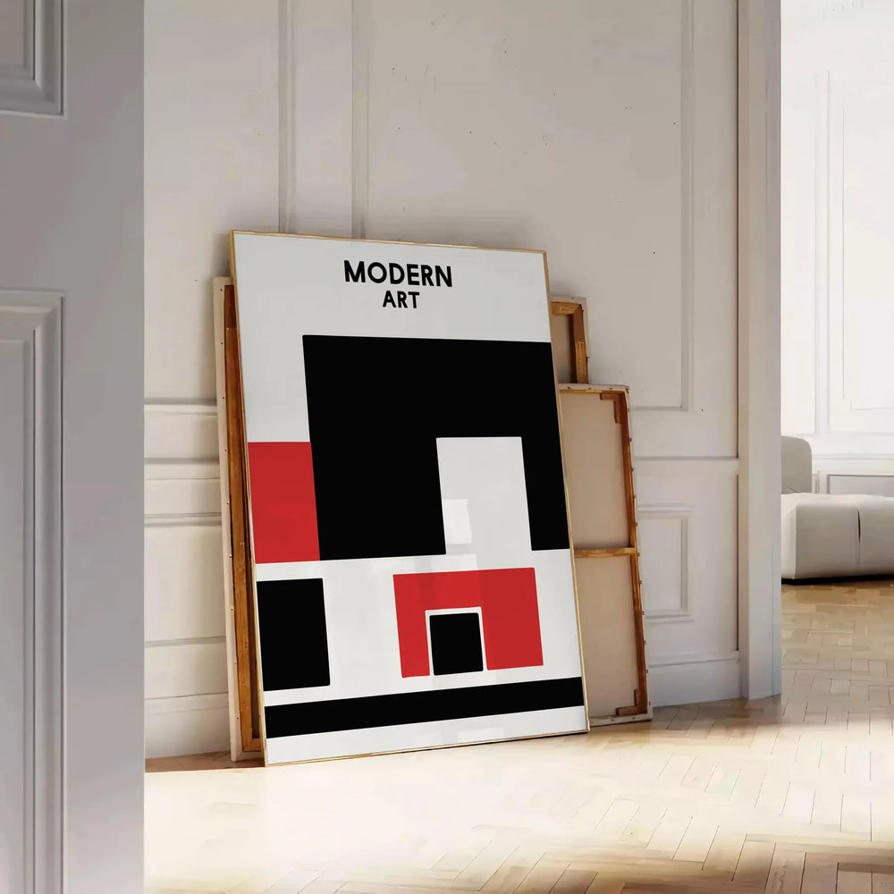 Abstract composition with dynamic shapes in black and red