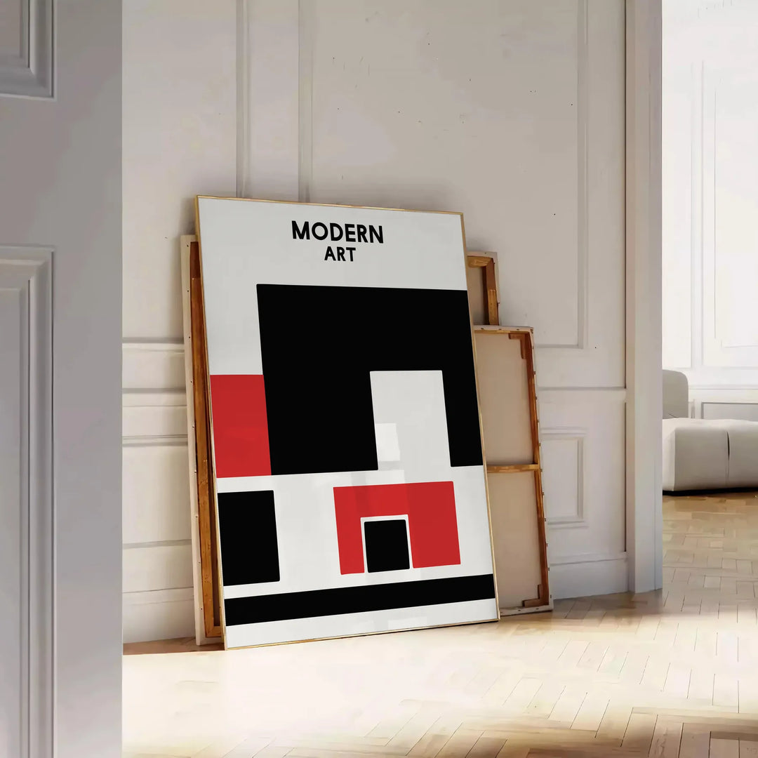 Composição abstrata com formas dinâmicas em preto e vermelho - encostado num chão de espinha contra uma parede de painéis