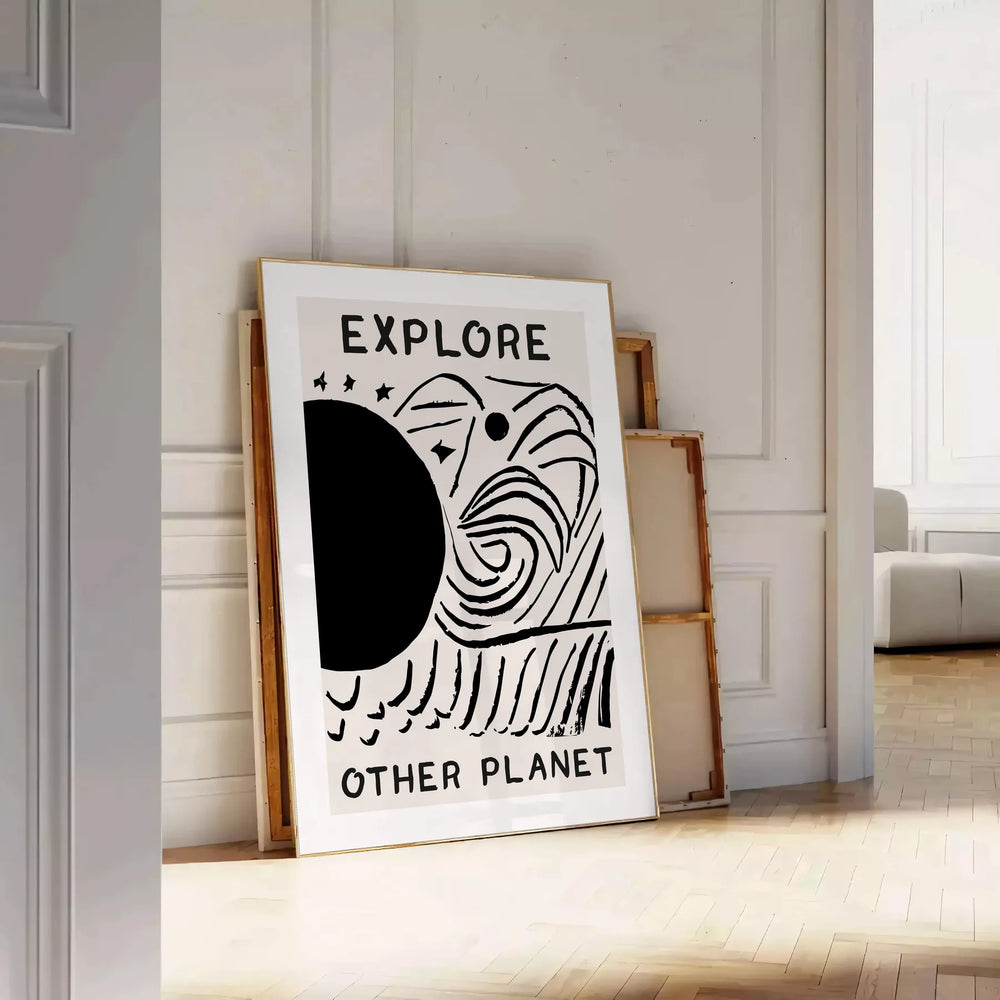abstract black and white design depicting an imaginative cosmic landscape