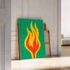 Abstract shapes in orange and green tones with a modern art style - leaning on a herringbone floor against a white panelled wall