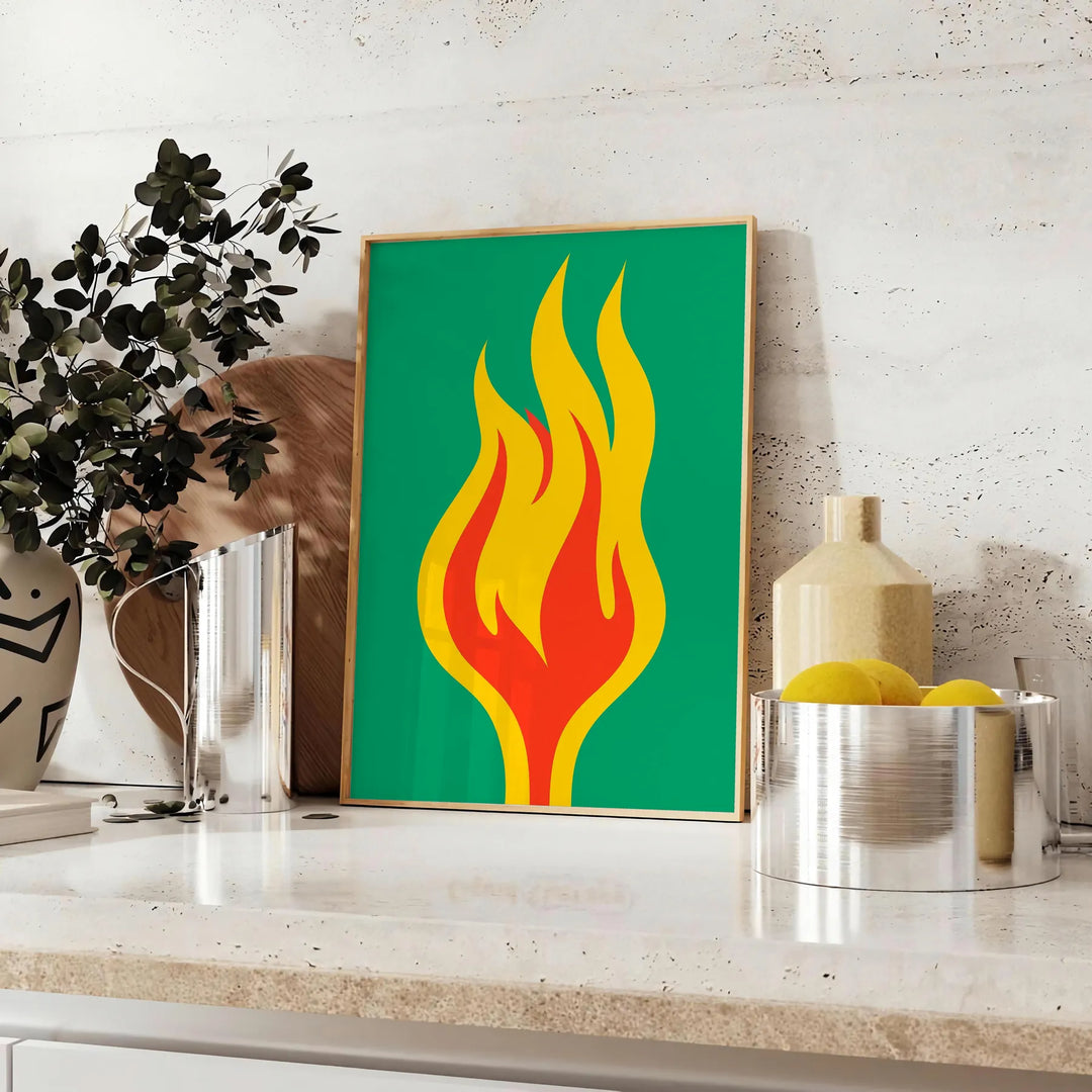 Abstract shapes in orange and green tones with a modern art style - styled on a counter with eucalyptus and a bowl of lemons