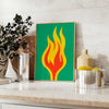 Abstract shapes in orange and green tones with a modern art style - styled on a counter with eucalyptus and a bowl of lemons