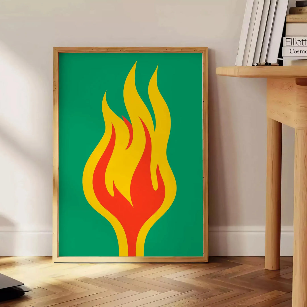 Abstract shapes in orange and green tones with a modern art style - beside a round wooden side table with books