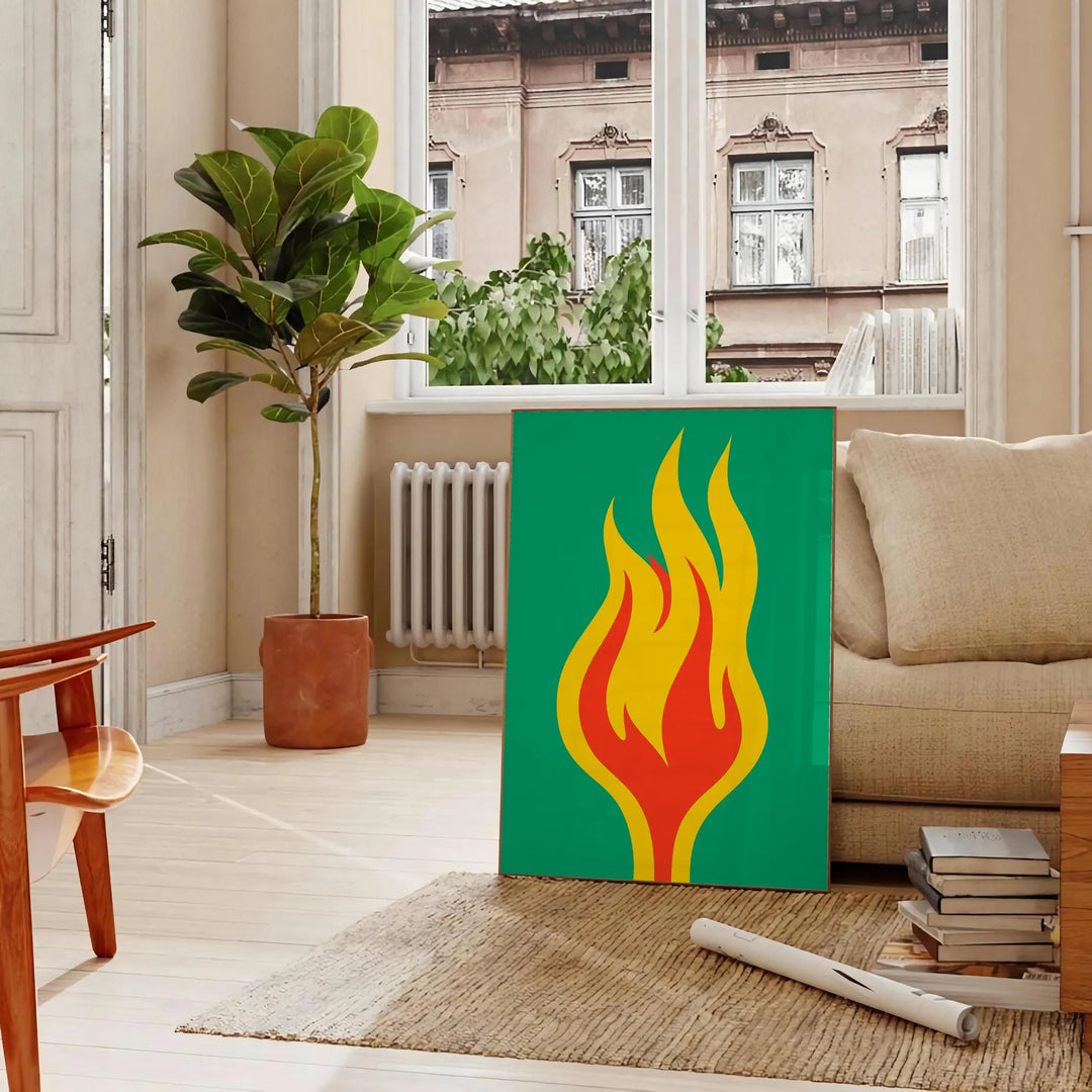 Abstract shapes in orange and green tones with a modern art style - in a Parisian living room with a sofa and a fig plant