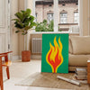 Abstract shapes in orange and green tones with a modern art style - in a Parisian living room with a sofa and a fig plant