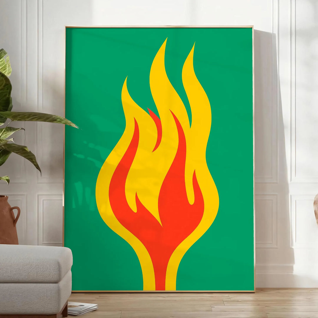 Abstract shapes in orange and green tones with a modern art style - in a bright minimalist room with a plant and an armchair