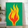 Abstract shapes in orange and green tones with a modern art style - in a bright minimalist room with a plant and an armchair