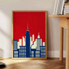 Abstract design with dynamic orange and red hues - beside a round wooden side table with books